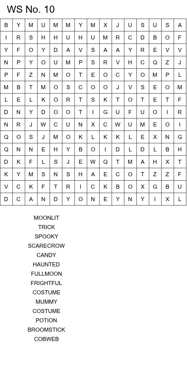 Printable Halloween word search puzzles size 15x15 No 10