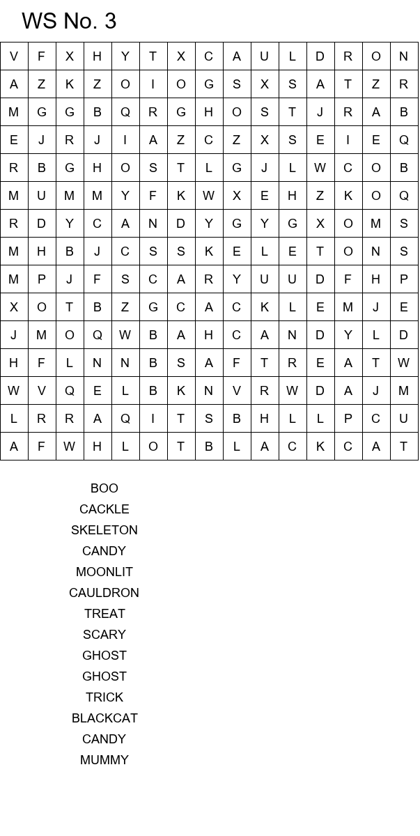 Printable Halloween word search puzzles size 15x15 No 3