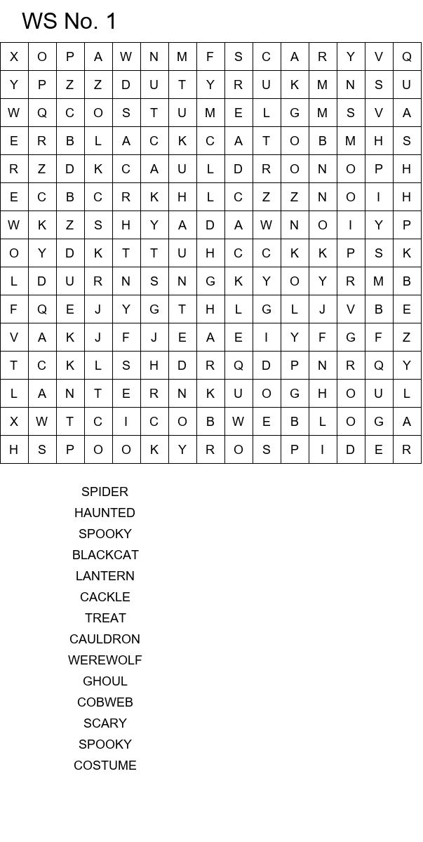 Printable Halloween word search with hidden spooky words size 15x15 No 1