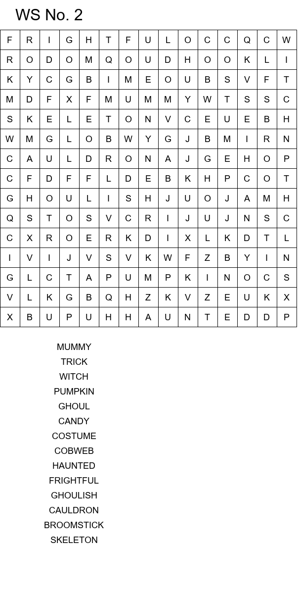 Printable Halloween word search with hidden spooky words size 15x15 No 2