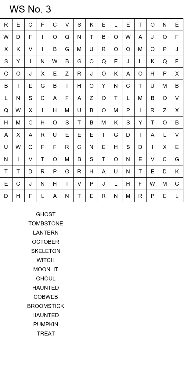 Printable Halloween word search with hidden spooky words size 15x15 No 3