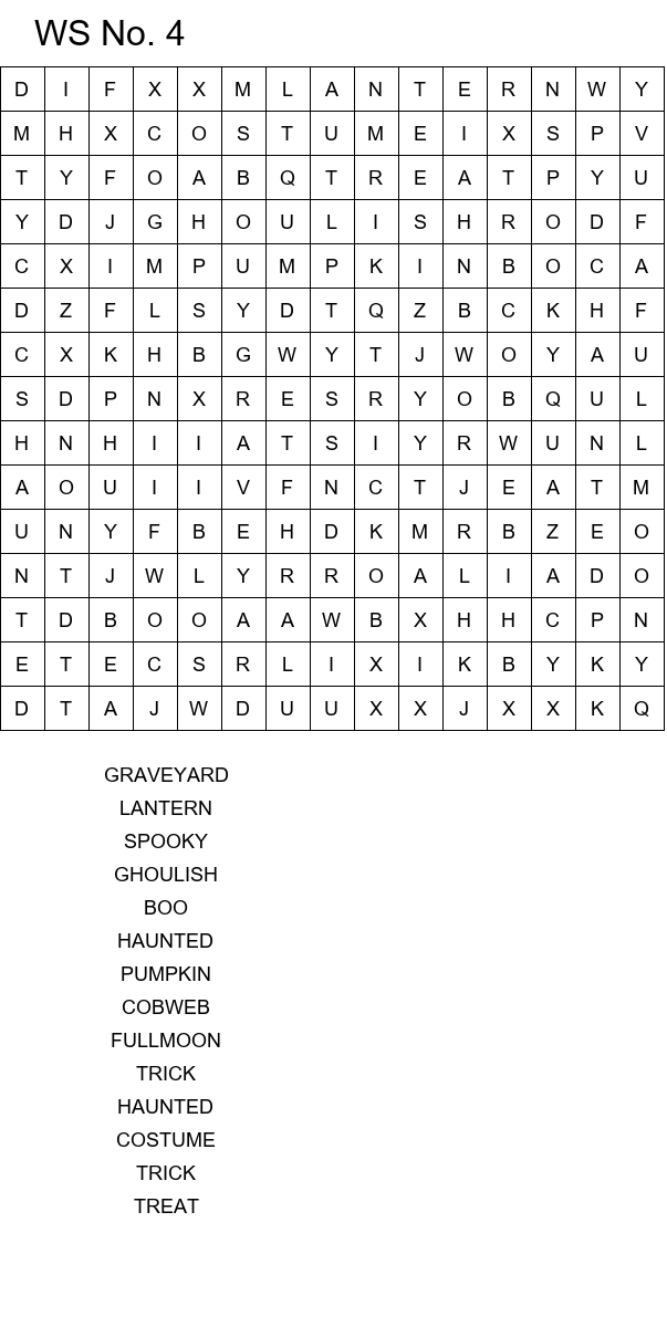 Printable Halloween word search with hidden spooky words size 15x15 No 4