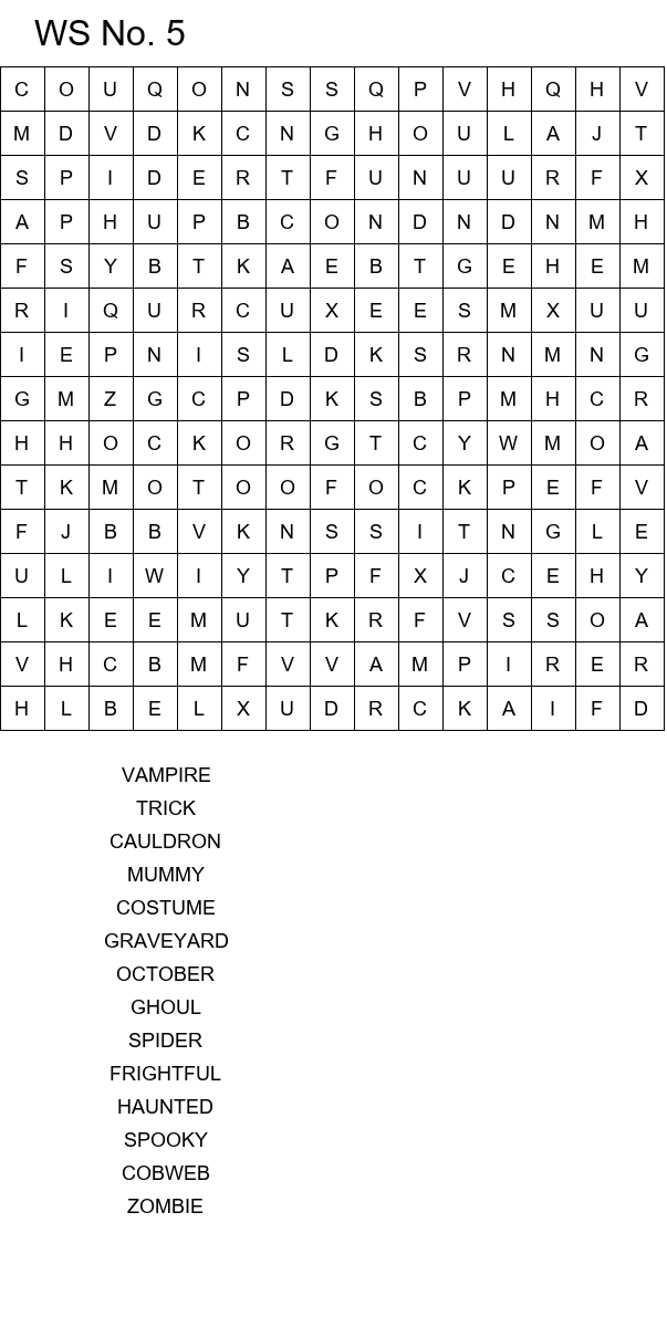 Printable Halloween word search with hidden spooky words size 15x15 No 5