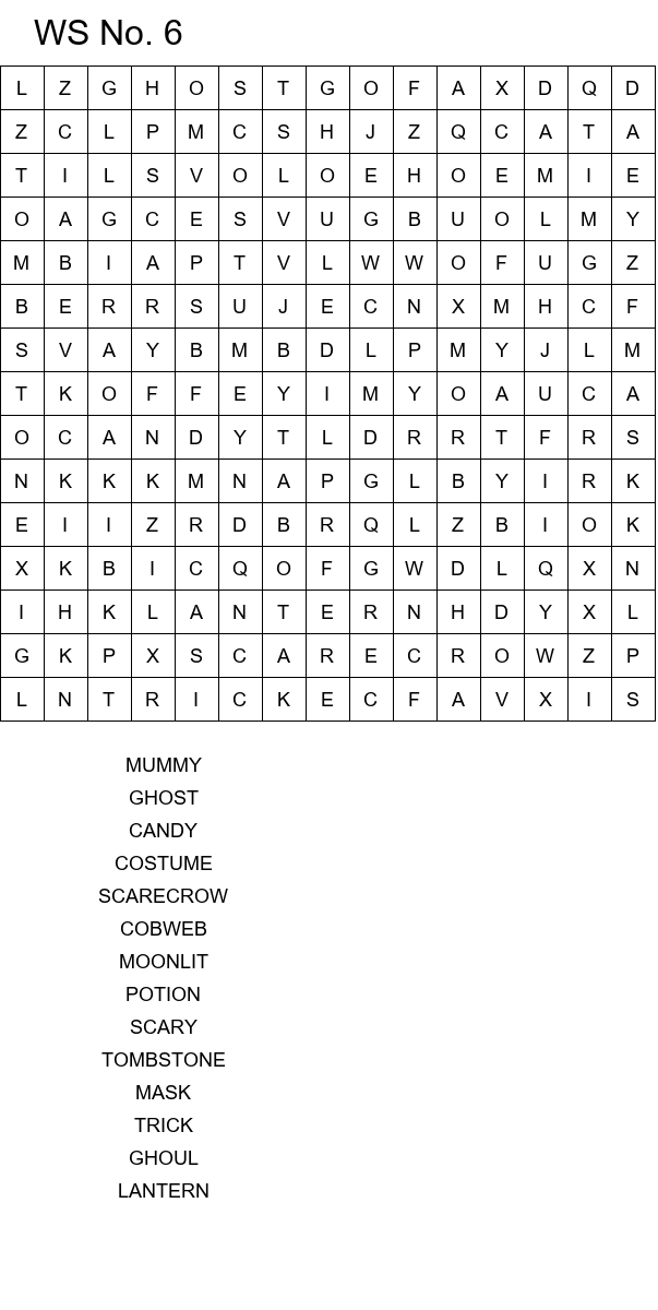 Printable Halloween word search with hidden spooky words size 15x15 No 6