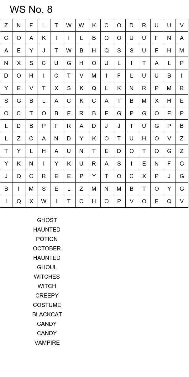 Printable Halloween word search with hidden spooky words size 15x15 No 8