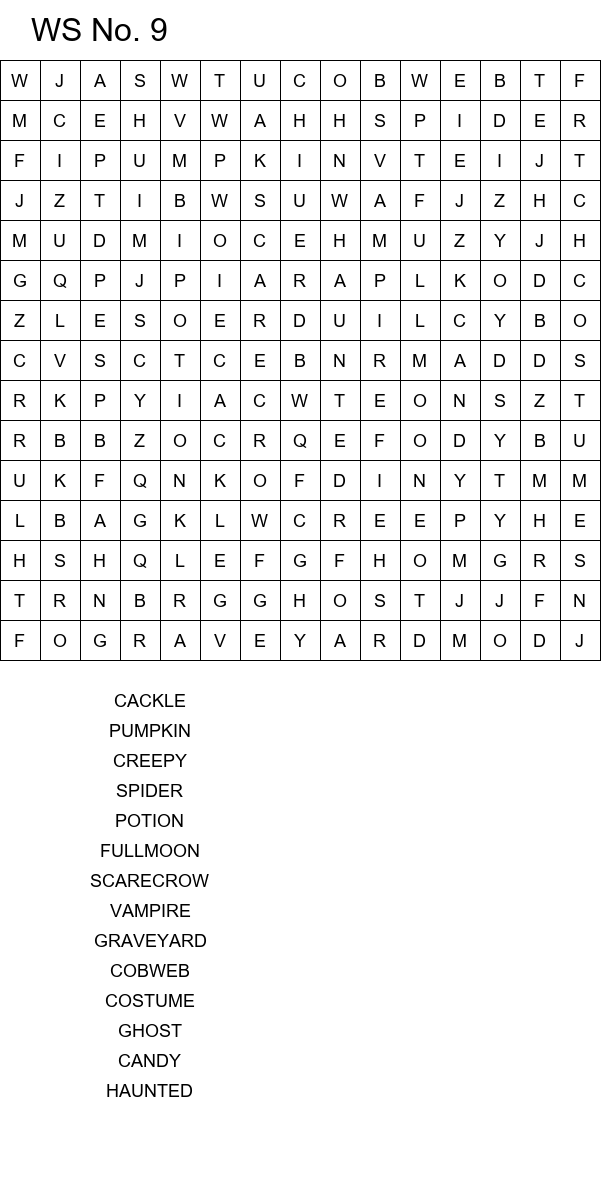 Scary Halloween word search size 15x15 No 9