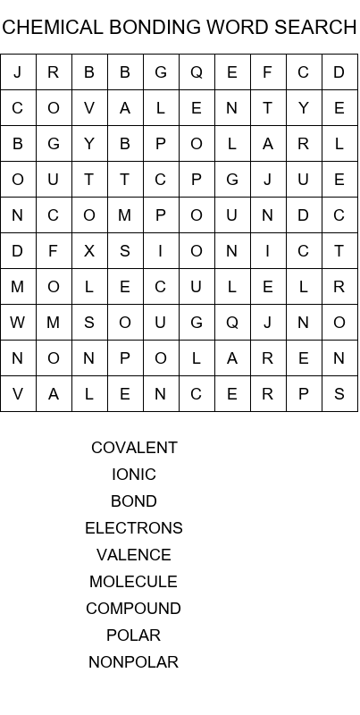 chemical bonding word search answers size 10x10