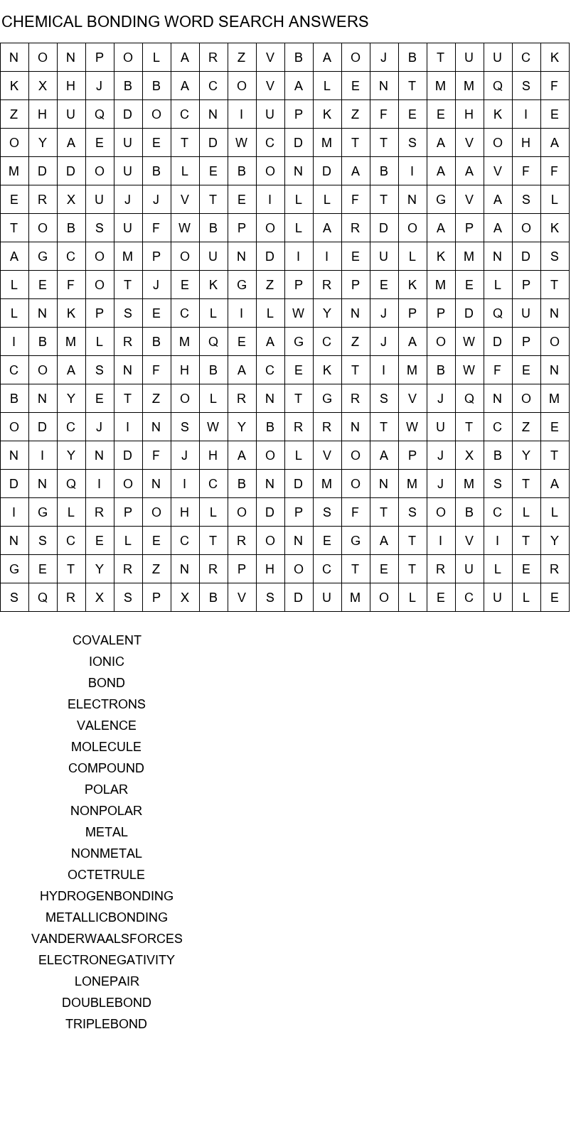 chemical bonding word search answers size 20x20
