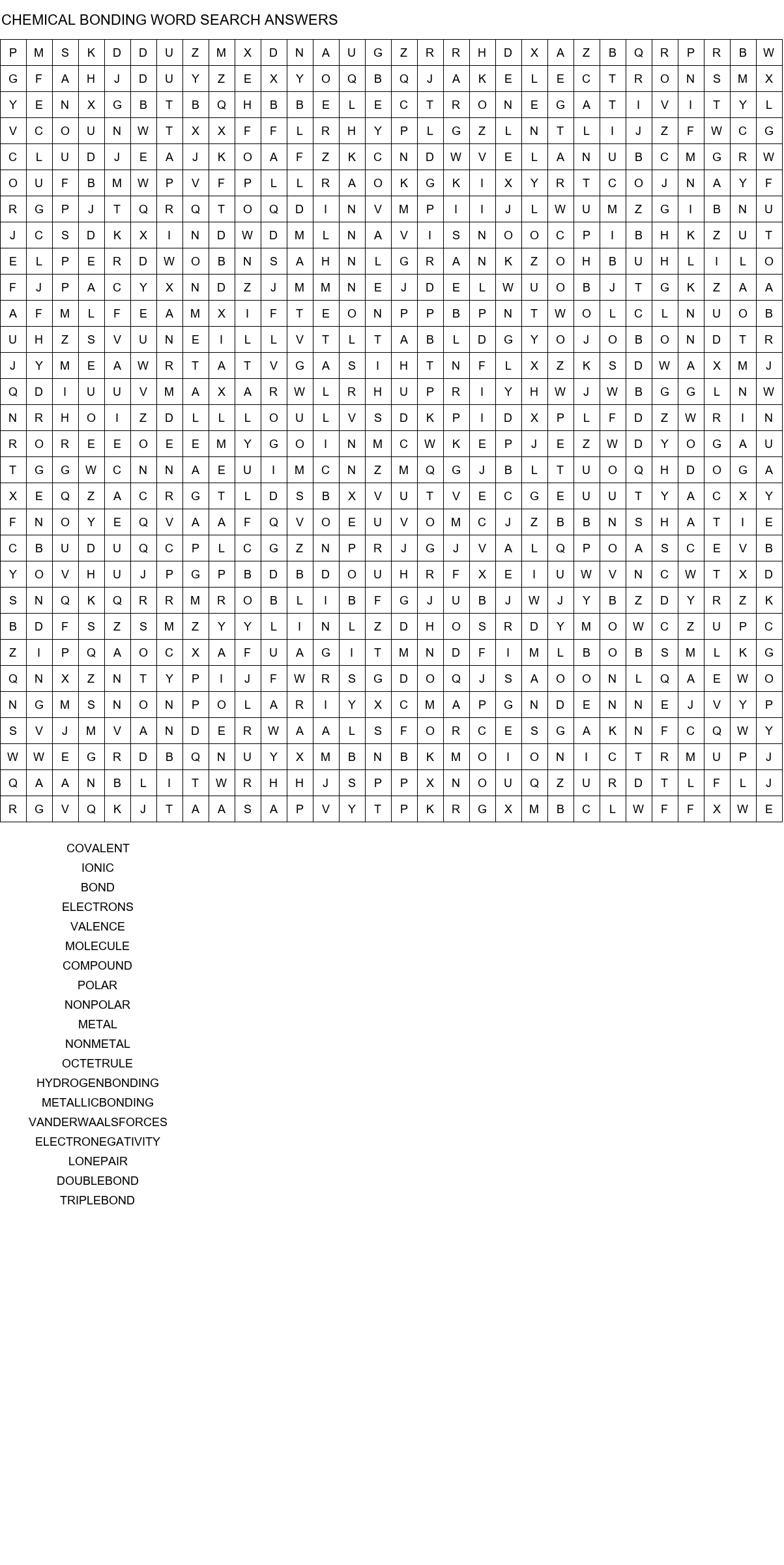 chemical bonding word search answers size 30x30