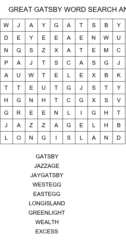 great gatsby word search answers size 10x10
