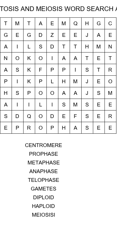 mitosis and meiosis word search answer key size 10x10