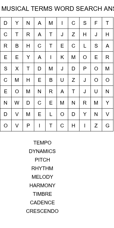 musical terms word search answer key size 10x10