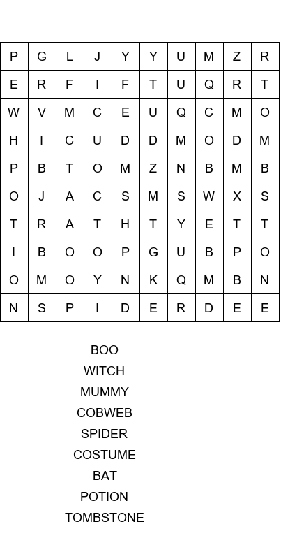 spooktacular halloween word search answer key size 10x10